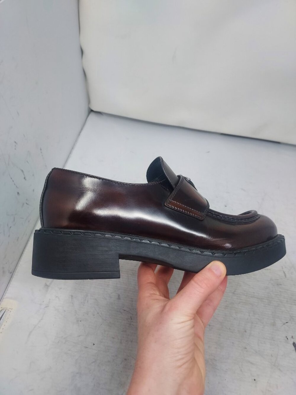 Prada WOMENS Logo Burgundy Red Brown Chocolate Brushed Leather Shoe - Picture 5 of 11